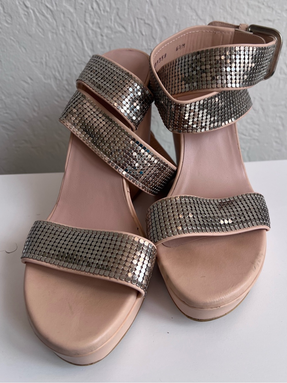 Stuart Weitzman Shimmery Silver Sandal Wedges Strappy Size 6.5 Spain Evening